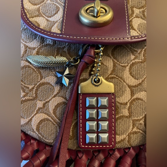 Coach Fringe Saddle Bag In Signature Jacquard With Pyramid Rivets - Picture 6 of 14